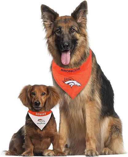 Pets First NFL DOG BANDANA - DENVER BRONCOS REVERSIBLE PET BANDANA. 2 Sided Sports Bandana with a PREMIUM Embroidery TEAM LOGO, Small/Medium. - 2 Sizes & 32 NFL Teams available