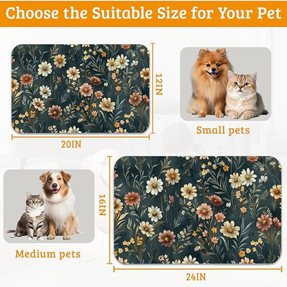 Dog Bowl Mat,Brown Flowers Pet Feeding Mat for Floors Waterproof,White Absorbent Dogs Placemat for Food and Water Quick Dry Pet Cat Feeding Mats with Non Slip Bottom 12" x 20"