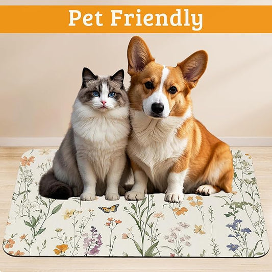 Wildflowers Butterfly Dog Cat Food Mat,Plants Absorbent Waterproof Placemat for Food and Water Non Slip Rubber Backing Durable Feeding Pad for Clean Floors 12" x 20"
