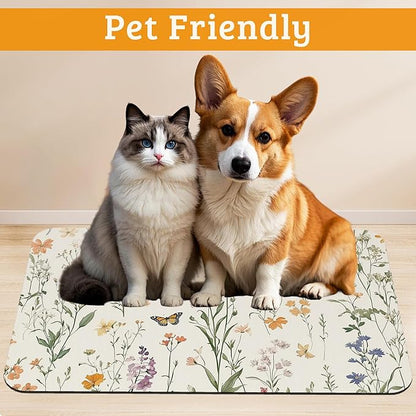 Wildflowers Butterfly Dog Cat Food Mat,Plants Absorbent Waterproof Placemat for Food and Water Non Slip Rubber Backing Durable Feeding Pad for Clean Floors 16" x 24"