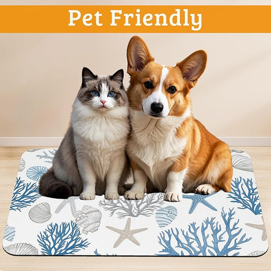 Seashell Beach Feeding Mat,Coral Starfish Absorbent Quick-Dry Cat Dog Food and Water Bowl Mats,Non-Slip Rubber Backing Mat,Cat Dog Accessories Supplies 12" x 20"