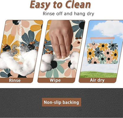 Abstract Daisy Flower Dog Food Mat for Floors,Retro Groovy Flowers Absorbent Pet Food and Water Bowl Mats,Non-Slip Pet Feeding Mat,Pet Supplies 12" x 20"