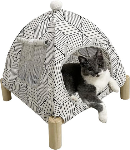 Pozico 2-in-1 Cat Bed Tent with Wooden Frame – Cat Teepee & Hammock, Portable Indoor/Outdoor Pet Tent for Cats, Kittens, Small Dogs, and Small Animals – Quick Assembly, White Diamond Design
