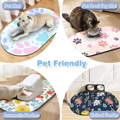 Dog Food Mat 20''x12'', Small Pet Feeding Mat, Non-Slip Rubber Pet Food Mat, Absorbent Cat Dog Water Bowl Mat for Messy Drinkers, Dogs Bowl Placemat for Food and Water, Light Blue Paw