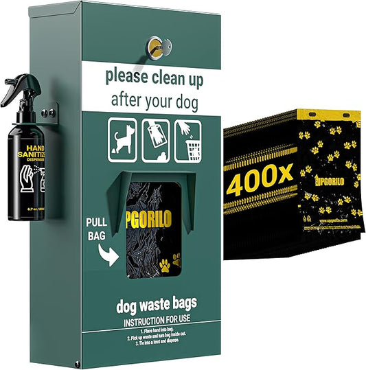 Dog Waste Station Pull Out Bag Dispenser with Hand Sanitizer Bottle - 400 Header Bags Included - Original Glow in the Dark Dog Poop Station Outdoor, Pet Waste Station with Lock and Rain Guard