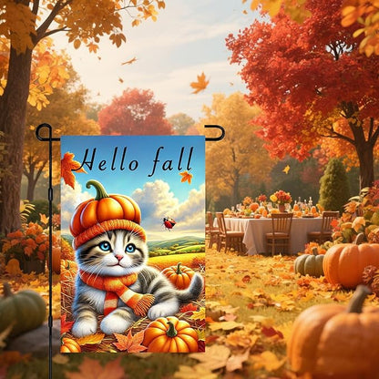 Hello Fall Garden Flag Cute Kitten Pumpkin Hat Scarf Flag 12x18 Inch Autumn Pet Decor Double Sided Outdoor Banner For Front Yard Porch Lawn Patio Seasonal Home Decor for autumn