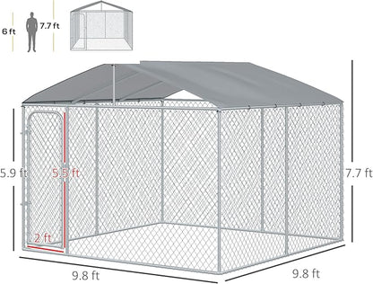 PawHut Outdoor Dog Kennel, Heavy Duty Dog Run Outdoor Fence with Waterproof Cover, Galvanized Chain Link, Secure Lock, 9.8' x 9.8' x 7.7'