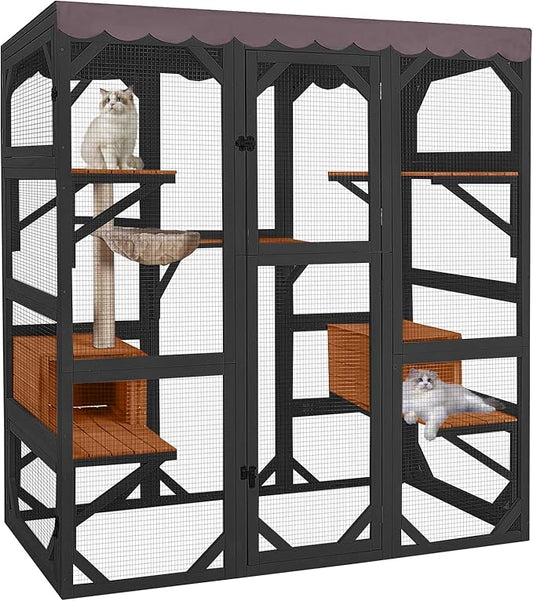 Aivituvin Catio Outdoor Cat Enclosure with Scratch Post, Hammock, Large Window Cat House for 2-6 Mulitiple Cats Walk in Kitty Cage with Tarp Roof 70" Black
