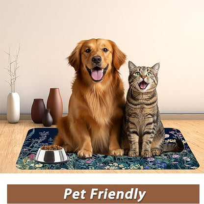Wildflower Spring Floral Dog Cat Food Mat,Garden Flowers Absorbent Pet Feeding Mat for Food and Water,Non-Slip Dog Bowl Mats Floor Protector 12"x20"