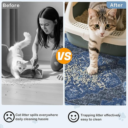 Bienbee Cat Litter Mat, 33" x 22" Large Size Litter Box Mat Rug with Non-Slip Bottom,Urine and Water Proof, Easy to Clean Cat Supplies Essentials for Indoor Kitty Kitten Floor,Navy Geometric L