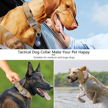 DAGANXI Tactical Dog Collar, Adjustable Military Training Nylon Dog Collar with Control Handle and Heavy Metal Buckle for Medium and Large Dogs, with Patches and Airtags Case (L, Brown)