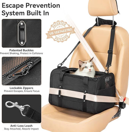 PETSFIT Large Cat Car Carrier with Patented Safety Buckles(19 x 12 x 12) – Roomy Escape-Proof for Safe Driving, Lockable Zippers & Safety Tether, Soft-Sided Travel Carrier for Road Trips & Vet Visits