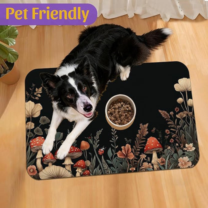 Vintage Mushroom Flower Pet Feeding Mat, Absorbent Dog Cat Bowl Pad, Fast Dry, Waterproof Rubber Back – 12x20 Inch