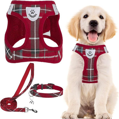 PUPTECK Adjustable Dog Harness Collar and Leash Set Step in No Pull Pet Harness for Small Medium Dogs Puppy and Cats Outdoor Walking Running, Soft Mesh Padded Reflective Vest Harnesses, Red L