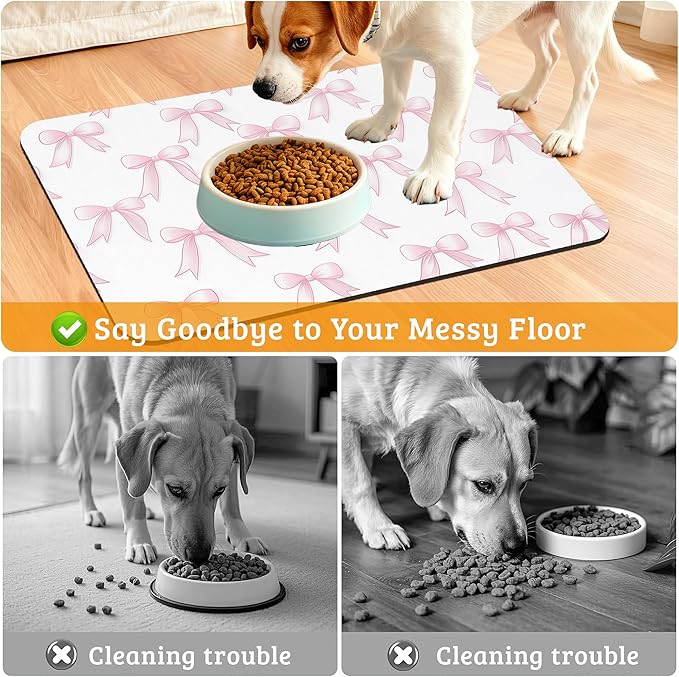 Pet Feeding Mat,Pink Bows Absorbent Dog Cat Food Mat Cute Dog Mat with Rubber Backing,Non-Slip Water Bowl Placemat,Pet Supplies 16" x 24"