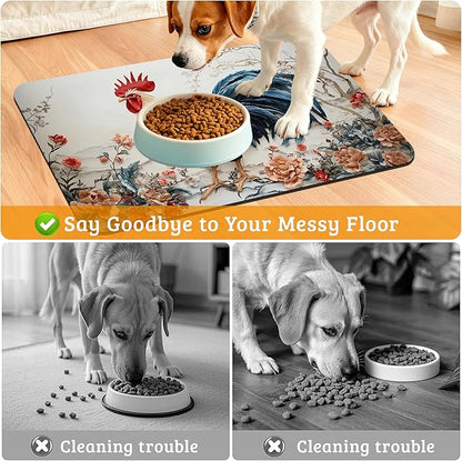 Dog Bowl Mat,Chicken Painting Pet Feeding Mat for Floors Waterproof,Flowers Absorbent Dogs Placemat for Food and Water Quick Dry Pet Cat Feeding Mats with Non Slip Bottom 12" x 20"