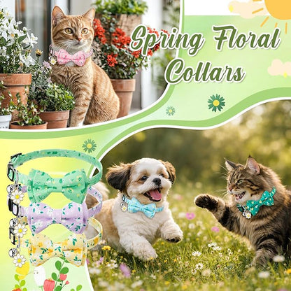Hsei 6 Pcs Spring Cat Collars Bulk with Bow Tie Bell Breakaway Flowers Floral Daisy Kitten Adjustable Safety Bowtie Cute Collars for Small Dogs Pet Holiday Party Favors Gifts