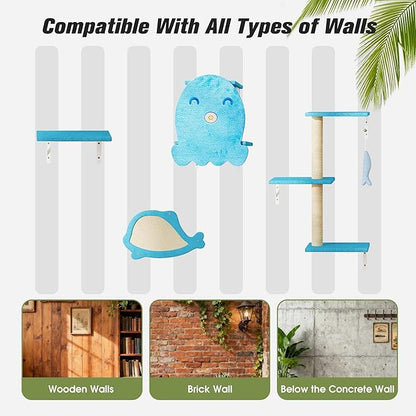 COZIWOW 4-Piece Wall-Mounted Cat Tree Set – Sturdy Wood Pet House, Scratching Board, Platforms, Sisal Posts & Blue Fish Charm – Ocean Blue