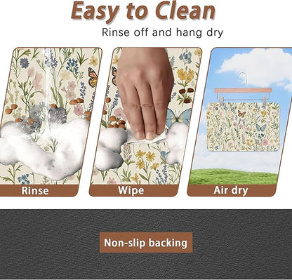 Wildflowers Dog Cat Food Mat,Vintage Botanical Garden Plants Herb Butterfly Absorbent Pet Feeding Mat for Food and Water,Non-Slip Dog Bowl Mats Floor Protector 16"x24"