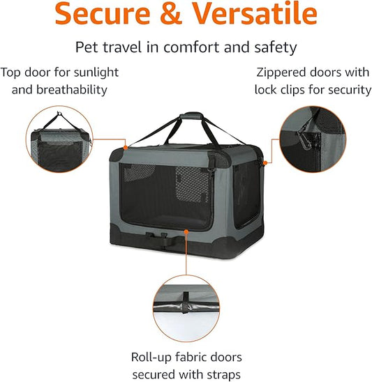Amazon Basics Portable Folding Soft Dog Crate, 4-Doors, Collapsible Travel Kennel for Cat, Dog, and Small Animals, Quick Setup, Small 26" x 18" x 18", Grey