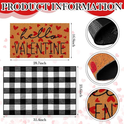 Tinideya 2 Pcs Valentine Door Mat Hello February 14th Welcome Non Slip Coir Mats Red Heart Black and White Plaid Floor Layering Doormats Seasonal for Front Porch Entryway Decor(Valentine)