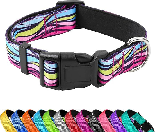 Reflective Dog Collar, Adjustable Soft Neoprene Padded Nylon Pet Collars with Buckle for Puppy and Small Dogs, Cats, Colorful Wave Pattern,XL