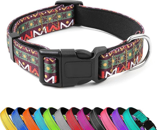 Reflective Dog Collar, Adjustable Soft Neoprene Padded Nylon Pet Collars with Buckle for Puppy and Small Dogs, Cats, Retro Geometric Flowers,S
