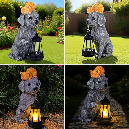 ILLUMINEW for Mom – Solar Dog Garden Statues with Lantern and Sleeping Cat, Resin Pet Figurine Light for Outdoor Yard Decor, Gift for Women Grandma