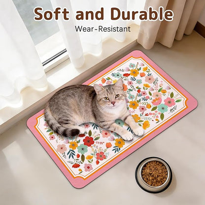 Dog Food Mat for Bowls, Absorbent Quick Dry Dog Cat Mats for Food and Water, Non-Slip Backing Pet Mat Pet Supplies - Pink Floral Pattern