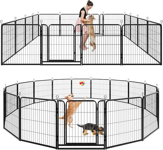 Dog Playpen Outdoor Extra Wide 16 Piece Panels Heavy Duty Dog Fence 32" Height Anti-Rust with Doors Portable for RV Camping Yard, Total 42FT, 140 Sq.ft, Snowy Black