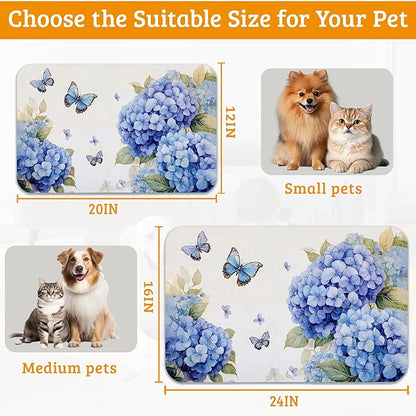 Pet Feeding Mat,Blue Hydrangea Absorbent Dog Cat Food Mat Butterfly Floral Dog Mat with Rubber Backing,Non-Slip Water Bowl Placemat,Pet Supplies 16" x 24"