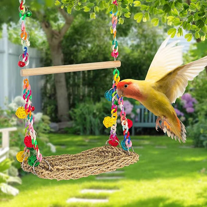 Natural Bird Swing Toys with Wood Perch,Double Layer Bird Seagrass Woven Climbing Hammock with Chewable Perch Stand Chewing Toy for Parakeets,Budgies,Conures,Cockatiels,Lovebirds