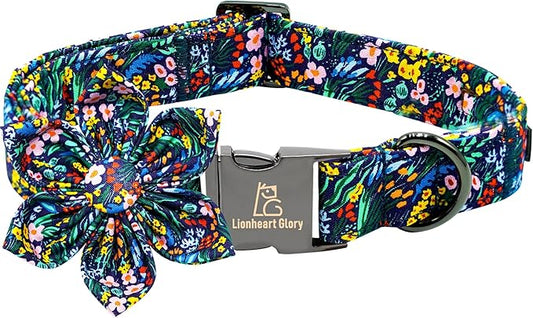 Lionheart Glory Floral Dog Bow Collar - Dark Blue, Adjustable, Durable for Small Dogs
