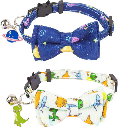 ADOGGYGO Cat Collar Breakaway with Cute Bow Tie Bell, 2 Pack Kitten Collar with Removable Bowtie, Universe Dinosaur Bowtie Collar for Cats (7.5"- 10.5")