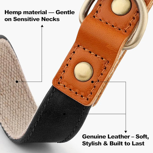 Plutus Pet Genuine Leather & Hemp Dog Collar – Adjustable Heavy Duty Pet Collar with Quick Release Metal Buckle, Soft & Stylish for Puppy and Small, Medium, Large Dogs (Black, XS)