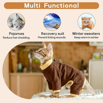 PUMYPOREITY Cat Hair Sticky Sweater, Recovery Suit - Breathable & Lightweight for Post-Surgery Protection, Cat Onsie Prevents Licking Wounds, Brown, XL