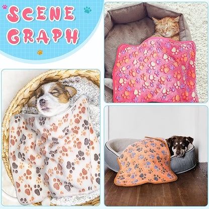 Tatuo 4 Pcs Dog Blanket for Pet Cat Blankets Indoor Puppy Teething Stuff Toys Paw Print Fleece Soft Blanket Sleep Mat for Guinea Pig Cage(Pink,Small(24 x 16 Inch),Square)