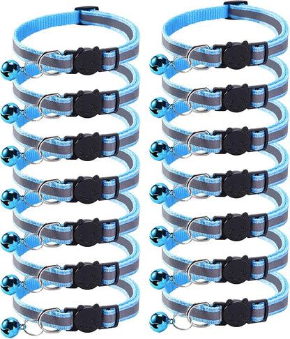 14 Pack Breakaway Cat Collar with Bell, Reflective Kitten Collar for Girl Boy Cats, Safety Buckle Adjustable 7.5-12.5 Inch, 0.4 Inch Width Lightweight, Pet Gifts (Sky Blue)