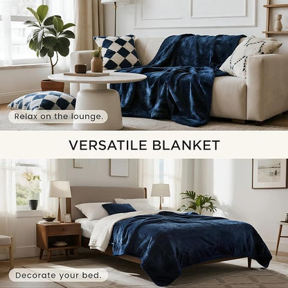 gogobunny Waterproof Bed Blanket, Reversible Sherpa Fleece Throw Blanket for Dog Puppy Cat, Furniture Cover Protects Bed Couch Sofa from Liquid Pee and Pet Fur (Navy Blue, 90x108 inches)