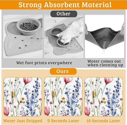 Flowers Butterfly Dog Food Mat,Colorful Absorbent Pet Feeding Mat for Food and Water Bowl,Quick Dry Dog Placemat Non Slip Rubber Backing Waterproof Pet Supplies 12" x 20"