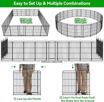 Heavy Duty Dog Playpen: 24 Steel Panels 40" Height, Square Steel Pipe with Reinforced Crossbars, 54FT 227 Sq.ft Portable Fence for Yard RV Camping, Snowy Black