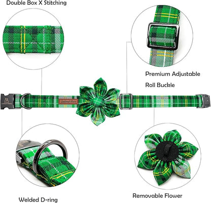 Lionheart glory St. Patrick's Day Dog Collar with Flower Dog Collar for Small Dogs, Green Plaid Cute Collars Spring Dogs Collars Flower Puppy Heavy Duty Cute