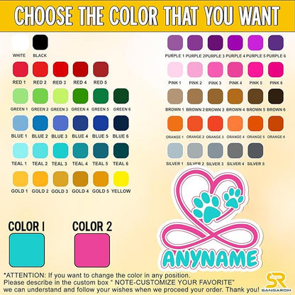Custom Pet Name Sticker Personalized Text Infinity Heart Pawprint Animal Lovers Decal Waterproof Die Cut Vinyl & Transparent DTF Decal for Laptop Helmet Car Cup Phone Tablet for Male Female