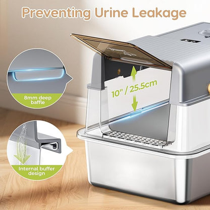 L7 Ultra-Stainless Steel Litter Box with Smart Odor Control System, XXL Extra Large Enclosed Metal Cat Litter Box with Lid for Kitty&Big Cats, High Sided Enclosure with Scoop & Mat, Anti-Leakage-Grey