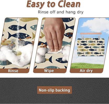 Fish Boho Dog Food Mat for Floors,Ocean Absorbent Quick-Dry Pet Feeding Mat,Cat Dog Bowl Mats for Food and Water,Non-Slip Pet Accessories Supplies 16"x24"