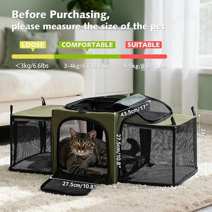 Pecute Cat Carrier Expandable, Stable Pet Carrier with 5mm Thick Steel Wire Frame, Dual-Side 200% Larger Space, Car Travel Carrier with Locking Zippers & Belt, Foldable for Storage,Green