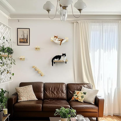 FUKUMARU Cat Wall Hammock with Two Steps Set, Modern Cat Climbing Shelves Furniture, Kitty Bed with Thickened Fabric for Sleep, Climb and Play