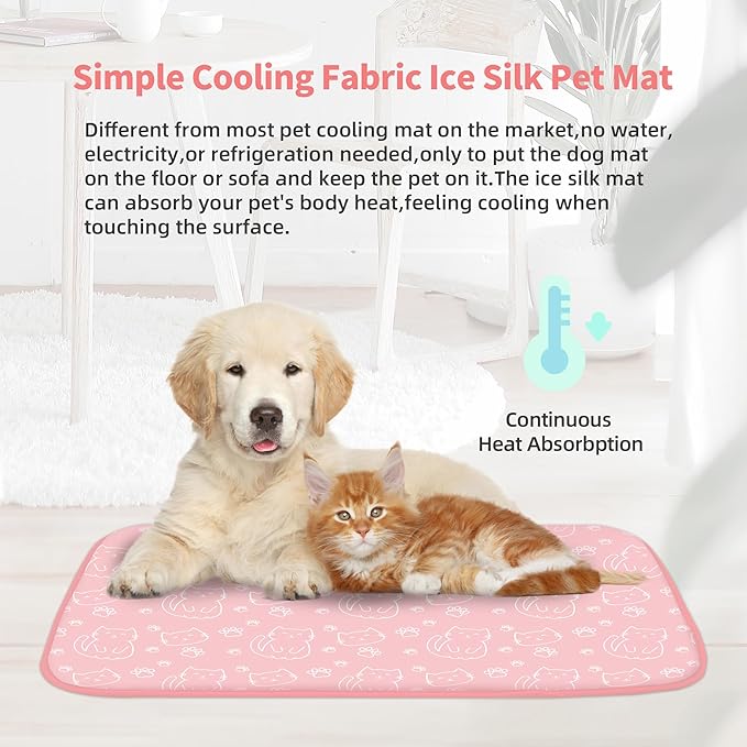 NWK Pet Cooling Mat - Ice Silk Cooling Mat for Dogs & Cats Portable & Washable Pet Cooling Blanket, Car Seats, Beds for Summer (1, Pink Cat, 20'' X 27'' X 0.3'')