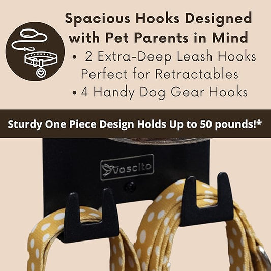 Dog Treat Holder For Wall Storage For Pets, Premium Pet Wall Organizer, Includes One 16oz Airtight Dog Treat Jar, 2 Sets of Triple Hooks, Sturdy Shelf in Modern Black