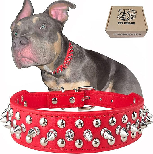 TEEMERRYCA Adjustable Microfiber Leather Spiked Studded Dog Collars with a Squeak Ball Gift for Small Medium Large Pets Like Cats/Pit Bull/Bulldog/Pugs/Husky, Red, XXL 19.7-22.4 inches